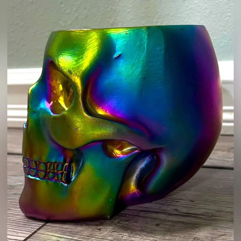 NWT Iridescent Oil Slick Skull Skeleton Makeup Brush Holder Candy Dish Halloween